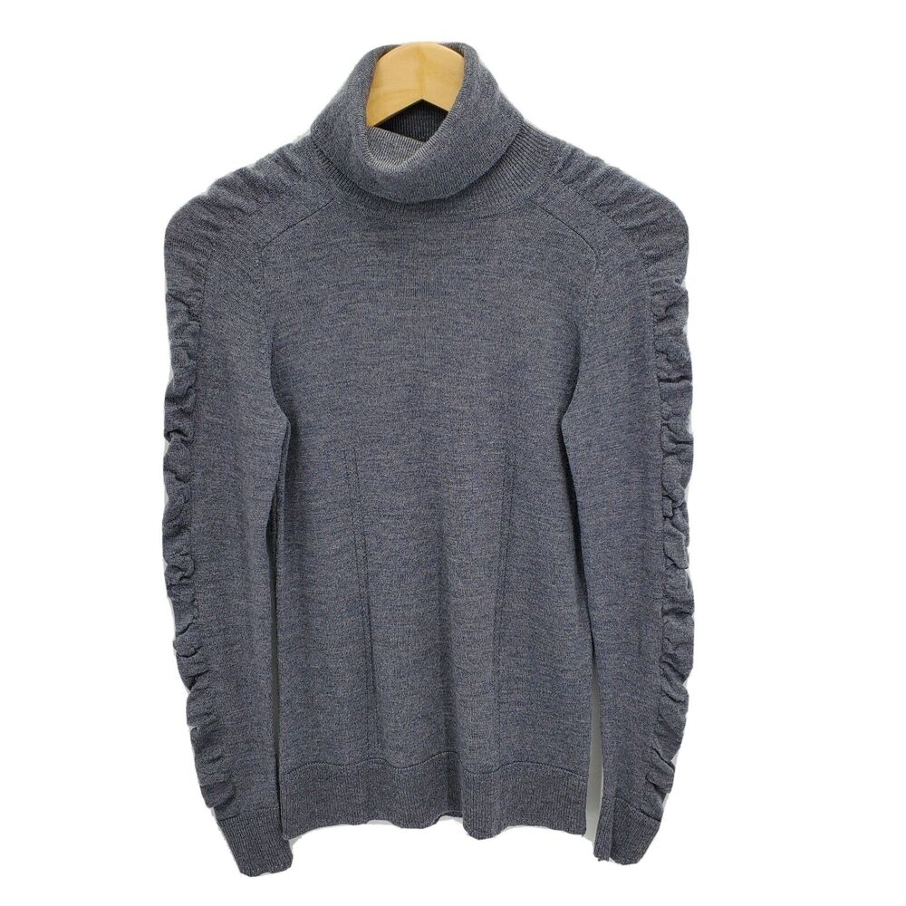 Milly Womens Shirred Sleeve Turtleneck Sweater 100% Merino Wool Gray Size Small